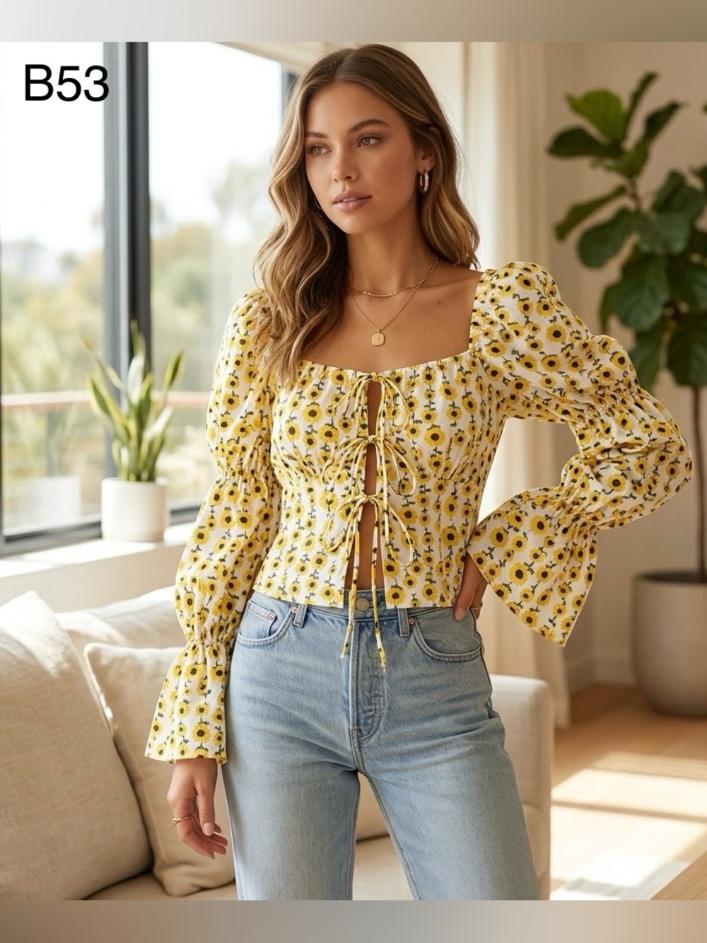Sunflower Lace-Up Square Neck Blouse in Yellow - Women,Size Medium